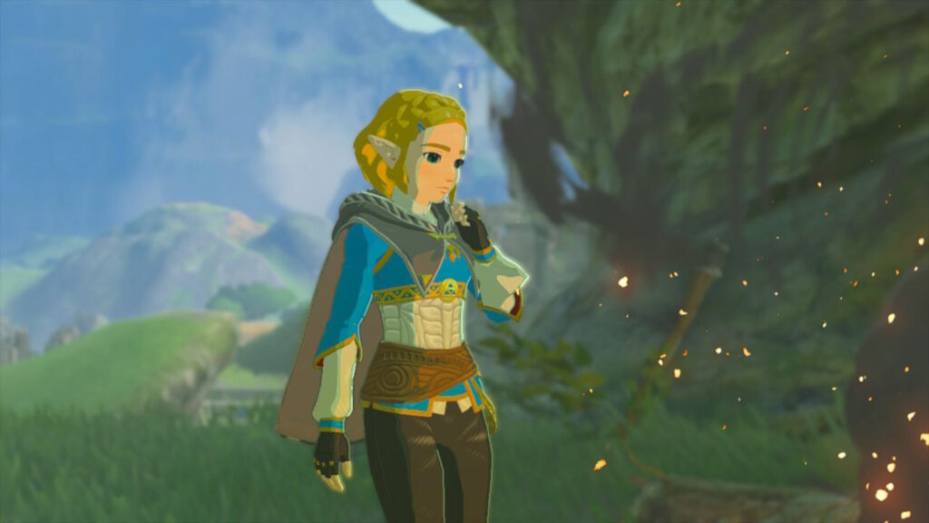 ゼルダの伝説ティアーズオブザキングダムにある始まりの台地、回生の祠近くの焚火。焚火の前に偽物のゼルダ姫がいる