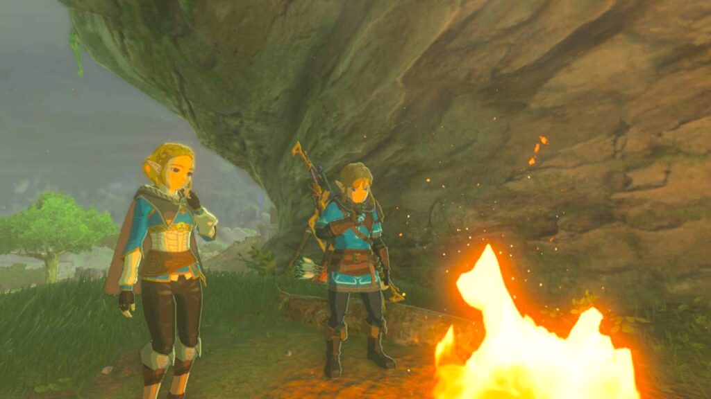 ゼルダの伝説ティアーズオブザキングダムにある始まりの台地。焚火の前でゼルダ姫と悩むリンク