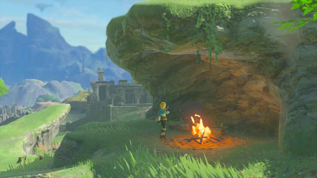 ゼルダの伝説ティアーズオブザキングダムの始まりの台地にある焚火。回生の祠の近くにあり、ハイラル王と最初に出会った場所