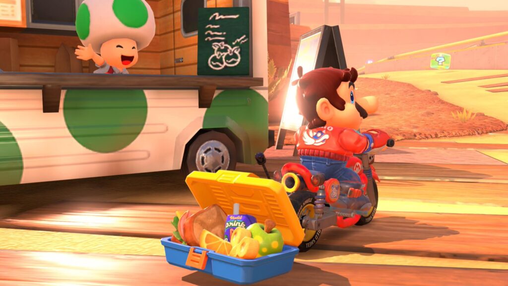 マリオカートワールドにあるヨッシーズでダッシュフードを手に入れたマリオ
