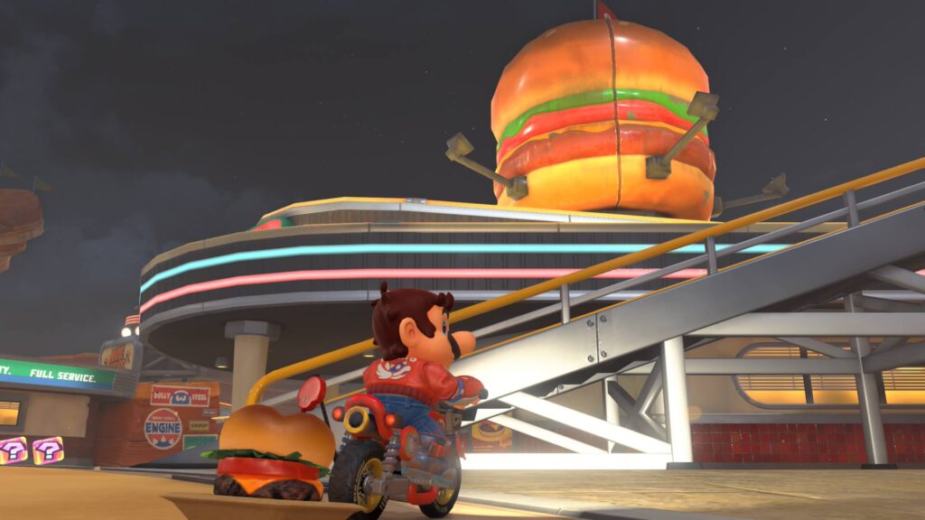マリオカートワールドにあるマリオブラザーズサーキット。ハンバーガーレストランがある。