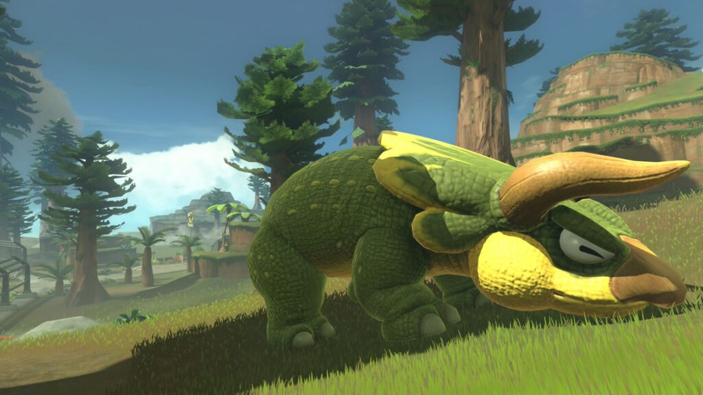マリオカートワールドにあるディノディノジャングル。トリケラトプスに似た恐竜がいる。