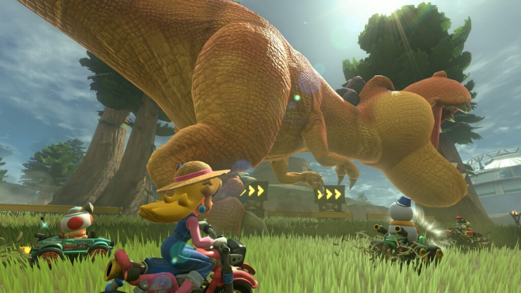 マリオカートワールドにあるディノディノジャングル。ある場所のPスイッチを踏むとティラノサウルスが出現する。