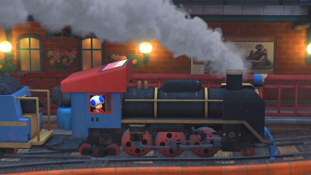 マリオカートワールドにあるシュポポコースター。蒸気機関車に乗る
キノピオ。