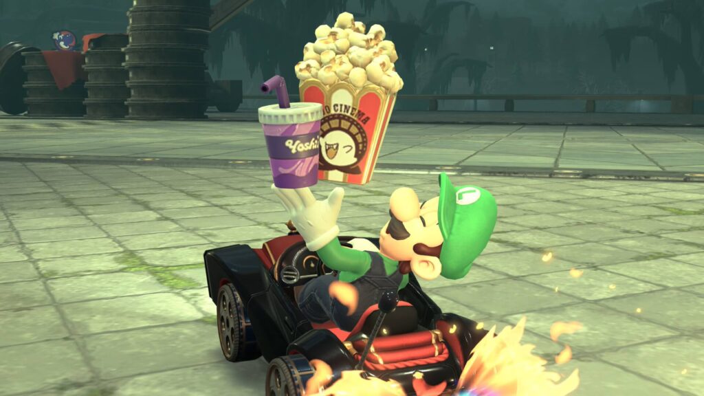 マリオカートワールドにあるおばけシネマでダッシュフードを食べるルイージ