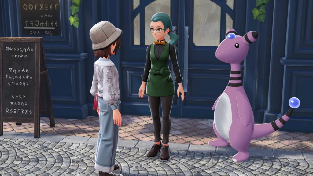 ポケモンレジェンズZAにあるカフェ・カンコドールにいる店員に挨拶する主人公と色違いデンリュウ