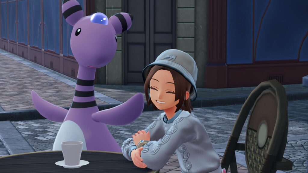 ポケモンレジェンズZAにあるカフェ・カンコドールでカンコドリップコーヒーを楽しむ主人公と色違いデンリュウ