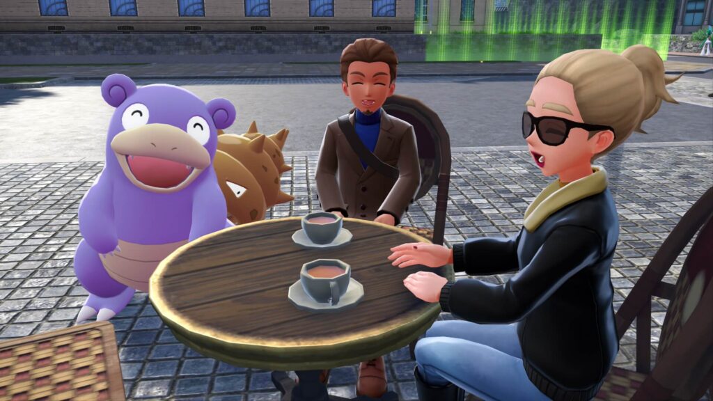 ポケモンレジェンズZAにあるカフェ・おとこまえでお茶をする男女の客と色違いヤドラン