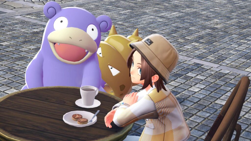 ポケモンレジェンズZAにあるカフェ・おとこまえでおとこまえブラックを飲む主人公と色違いヤドラン