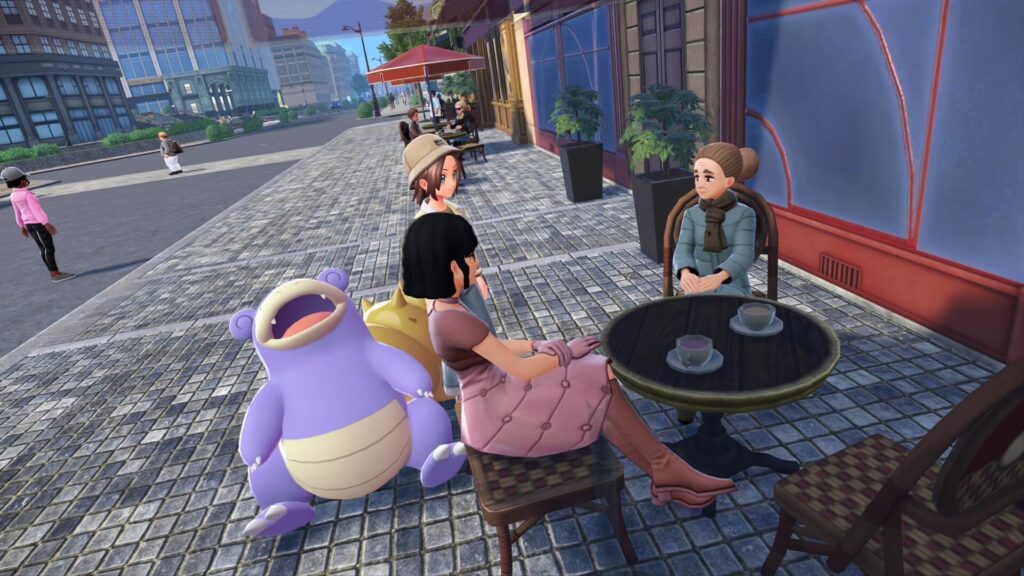 ポケモンレジェンズZAにあるカフェ・おとこまえでメガストーンやポケモンの話をする女性客と眠りこける色違いヤドラン