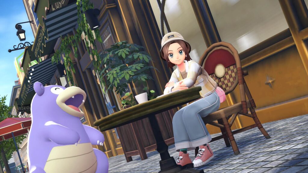 ポケモンレジェンズZAにあるカフェ・おとこまえでコーヒーを楽しむ主人公と色違いヤドラン