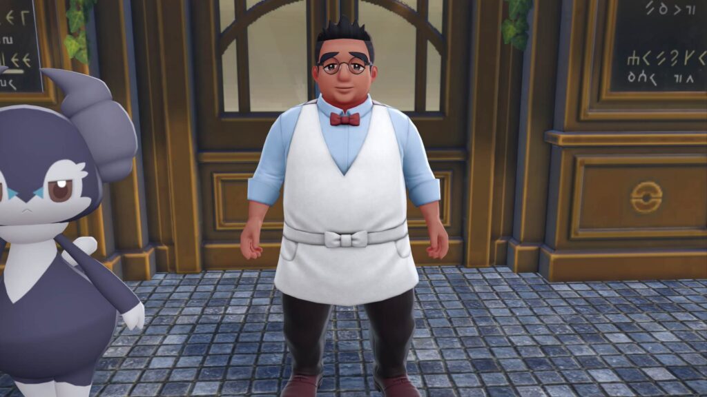 ポケモンレジェンズZAにあるカフェ・おとこまえの扉の前にいる店員のオム