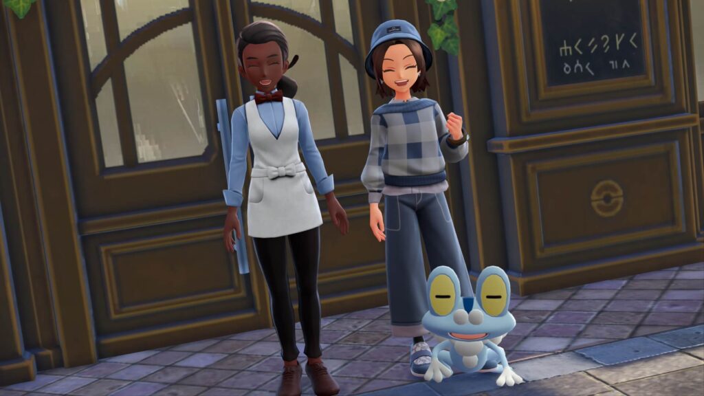 ポケモンレジェンズZAにあるカフェ・ソレイユの店員と記念撮影する主人公と色違いケロマツ