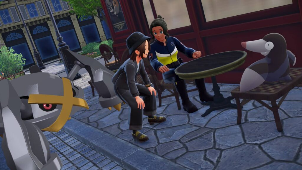 ポケモンレジェンズZAにあるカフェ・かわいがりにいるモグリューと警察官