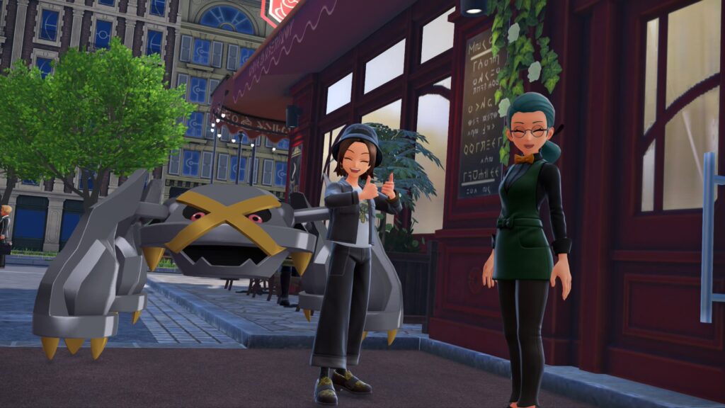 ポケモンレジェンズZAにあるカフェ・かわいがりにいる店員と写真を撮る主人公と色違いメタグロス