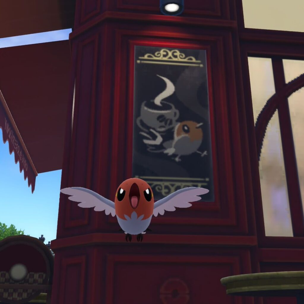 ポケモンレジェンズZAにあるカフェ・かわいがりに描かれたヤヤコマの絵の前でポーズをとるヤヤコマ