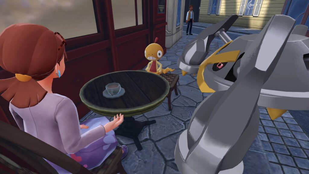 ポケモンレジェンズZAにあるカフェ・かわいがりにいる、ズルッグを連れた観光客