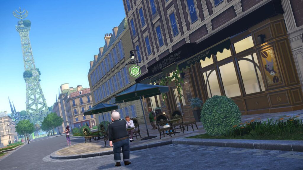 ポケモンレジェンズZAにあるミアレシティ。カフェ・アラモードからプリズムタワーが良く見える。