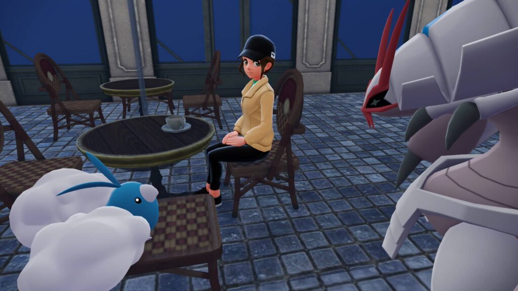 ポケモンレジェンズZAにあるカフェ・パルトネールにいる女性客と見つめ合うチルットと色違いグソクムシャ