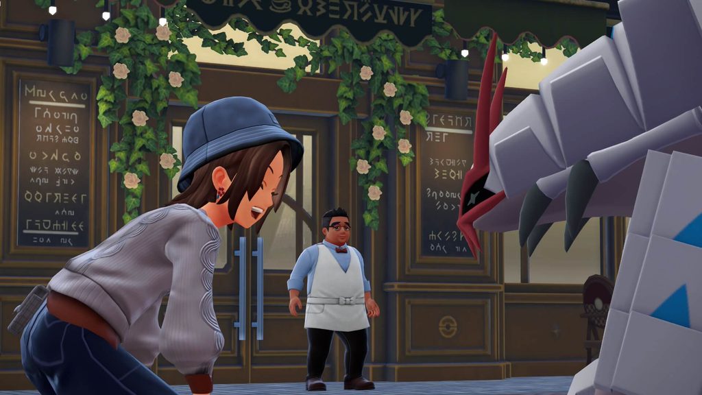 ポケモンレジェンズZAにあるカフェ・パルトネールの前で顔を見合わせる主人公と色違いグソクムシャ