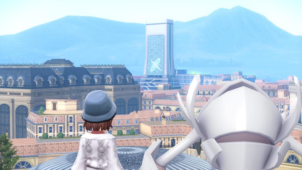 ポケモンレジェンズZAにあるジョーヌ3番地の屋上からクエーサー社を見る主人公と色違いグソクムシャ
