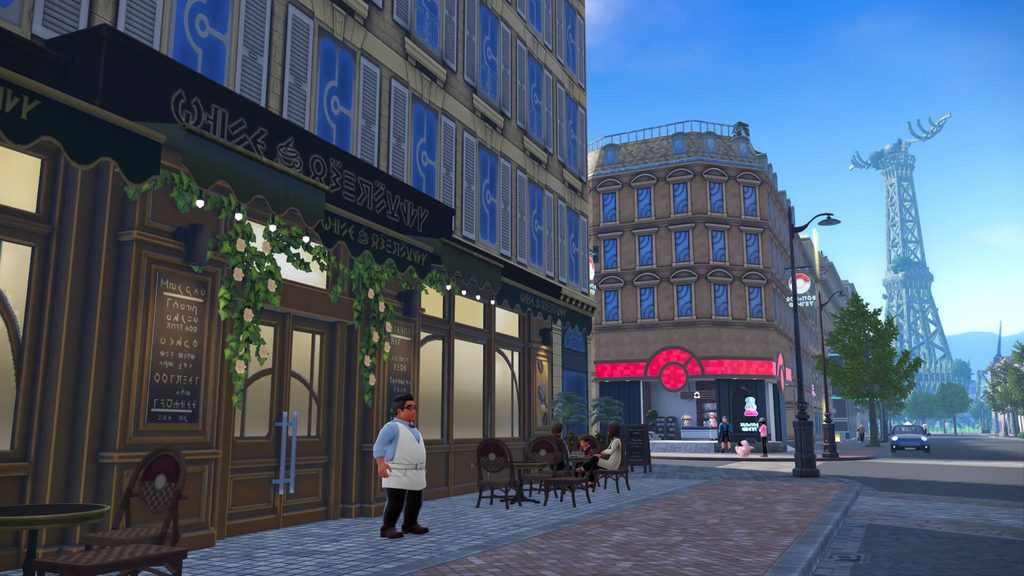 ポケモンレジェンズZAにあるカフェ・パルトネールからはプリズムタワーが見える