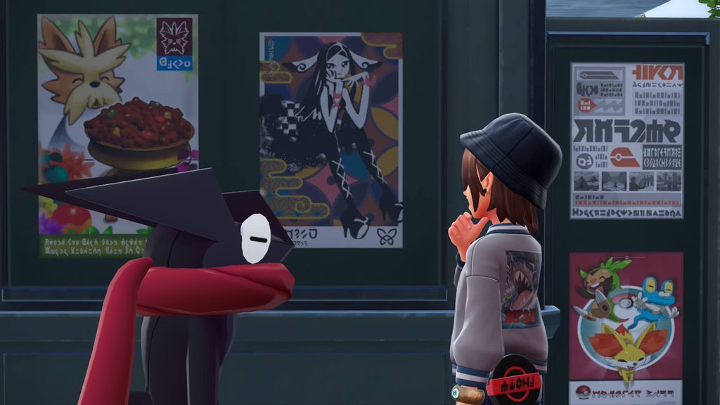 ポケモンレジェンズZAにあるキオスクに貼られたマーシュのポスターを眺める主人公と色違いゲッコウガ