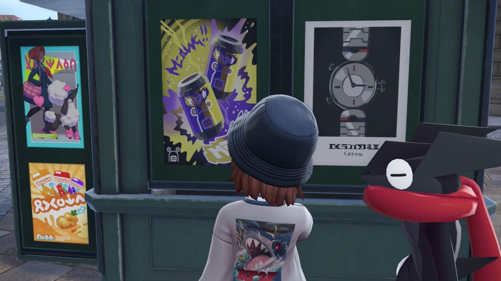 ポケモンレジェンズZAにあるキオスクに貼られたポスターを眺める主人公と色違いゲッコウガ