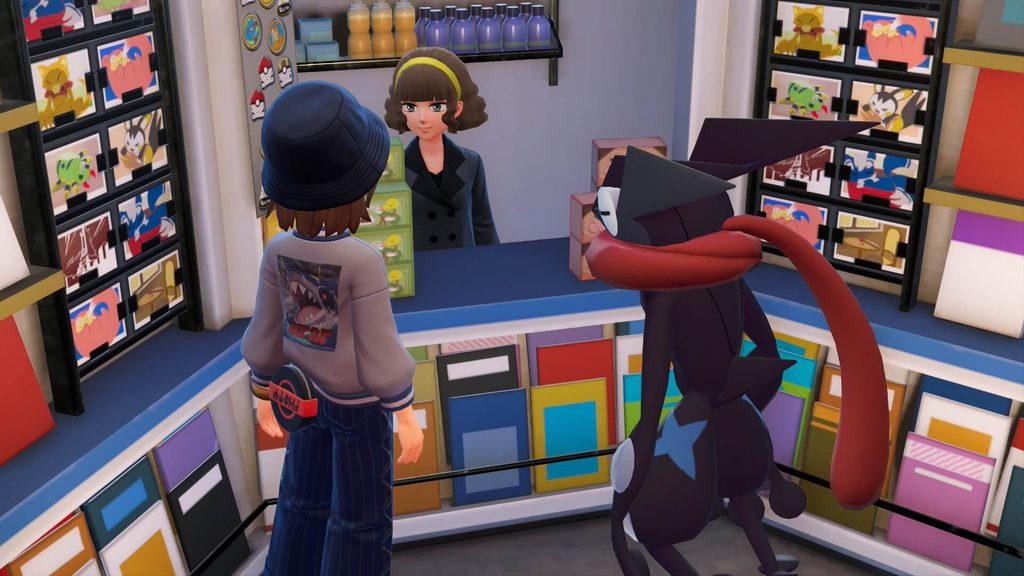 ポケモンレジェンズZAにあるキオスクで女性の店員に注文する主人公と色違いゲッコウガ