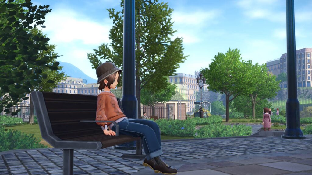 ポケモンレジェンズZAにあるベール6番地のガゼボ。ベンチに座る主人公