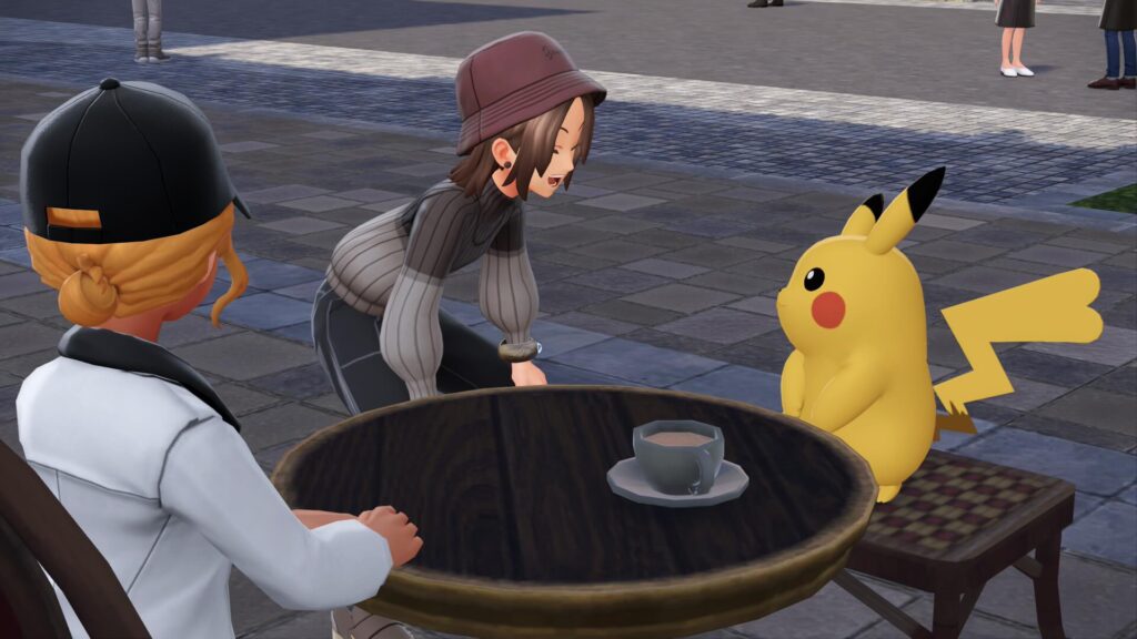 ポケモンレジェンズZAにあるカフェ・フォーカスで過ごす女性客とメスのピカチュウ