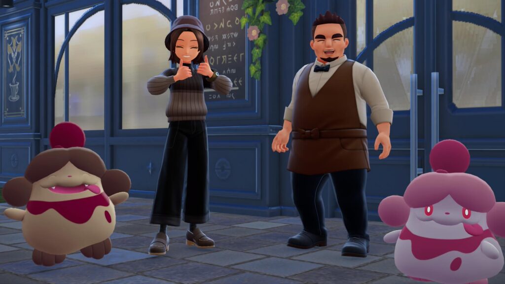 ポケモンレジェンズZAにあるカフェ・フォーカスの前で、店員のクリム、ペロリームと一緒に写真を撮る主人公と色違いペロリーム