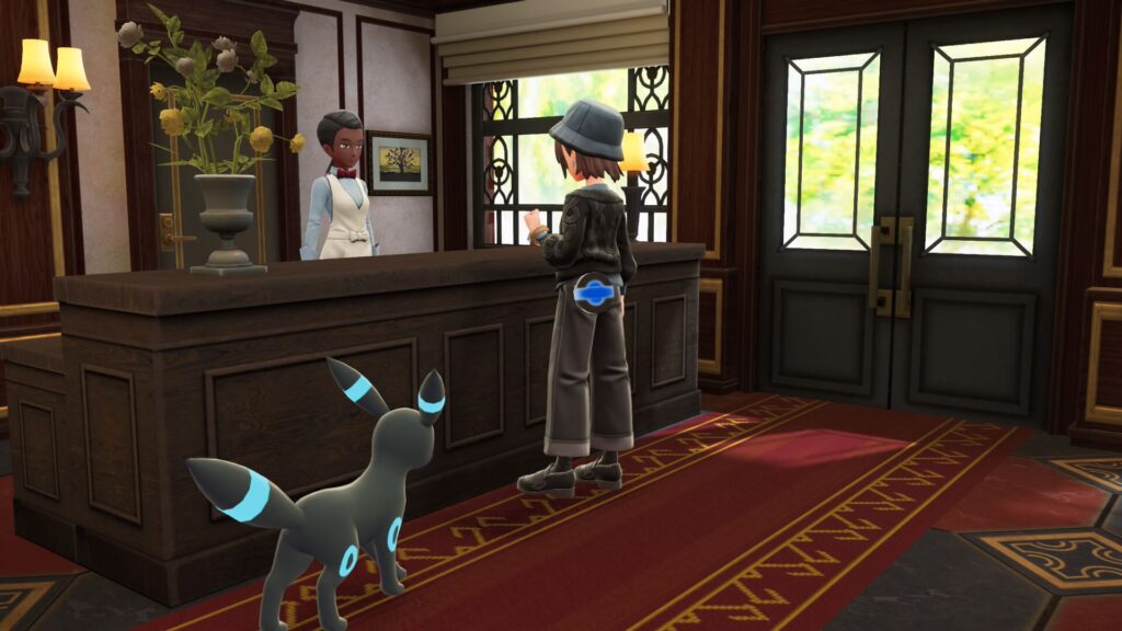 ポケモンレジェンズZAにあるリストランテ　二・リューの受付の人に話を聞く主人公と色違いブラッキー