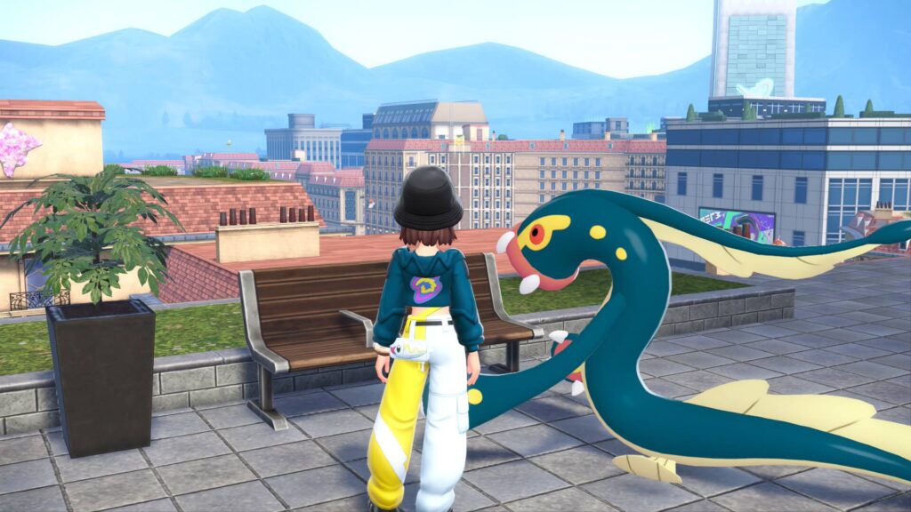 ポケモンレジェンズZAにあるローズ1番地のベンチの前まで来た主人公とシビルドン