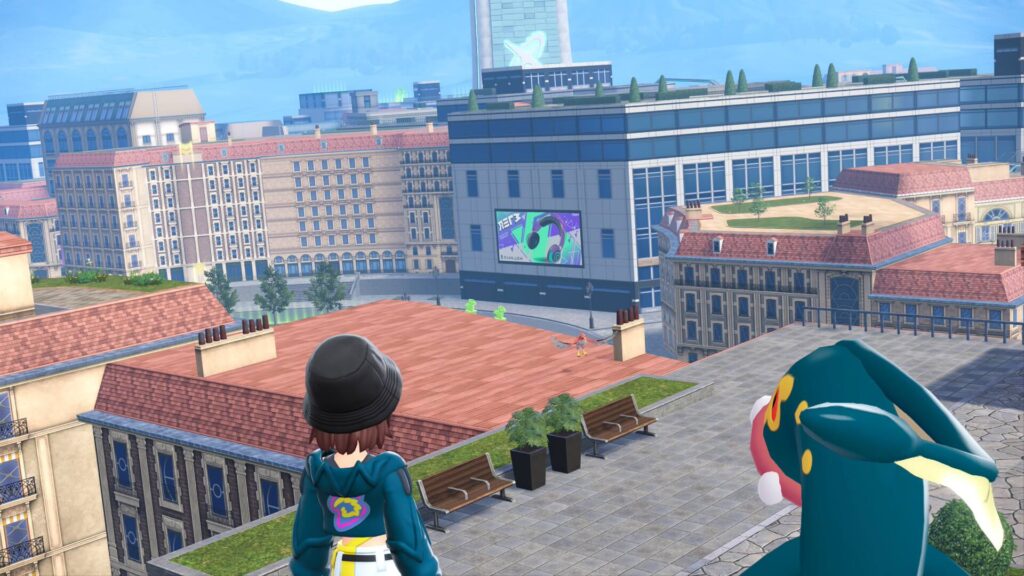 ポケモンレジェンズZAにあるローズ1番地の屋上にある、カナリィが座っていたベンチを見つけた主人公とシビルドン