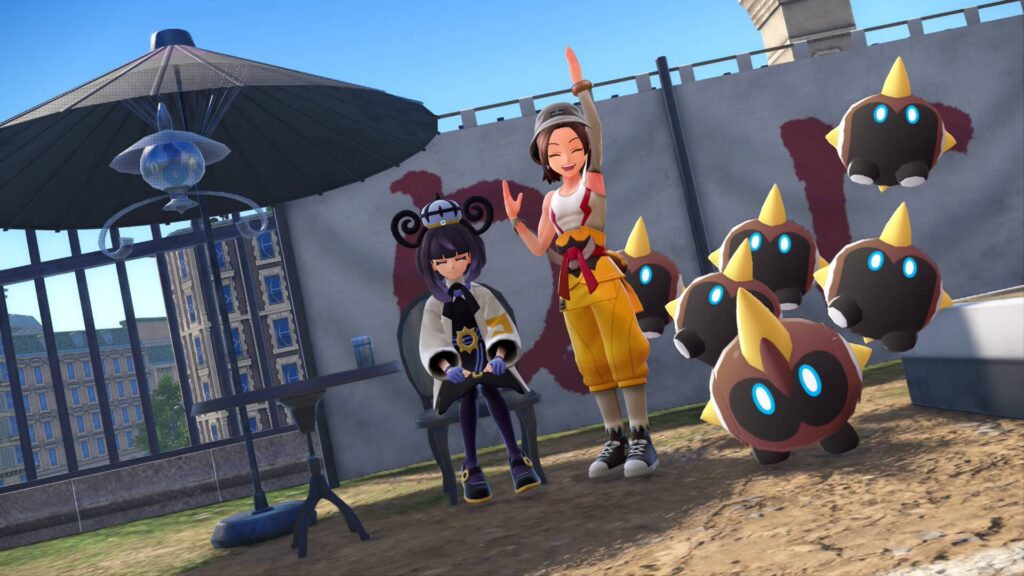 ポケモンレジェンズZAにあるジャスティスの会の道場にいるムクと主人公と色違いタイレーツ