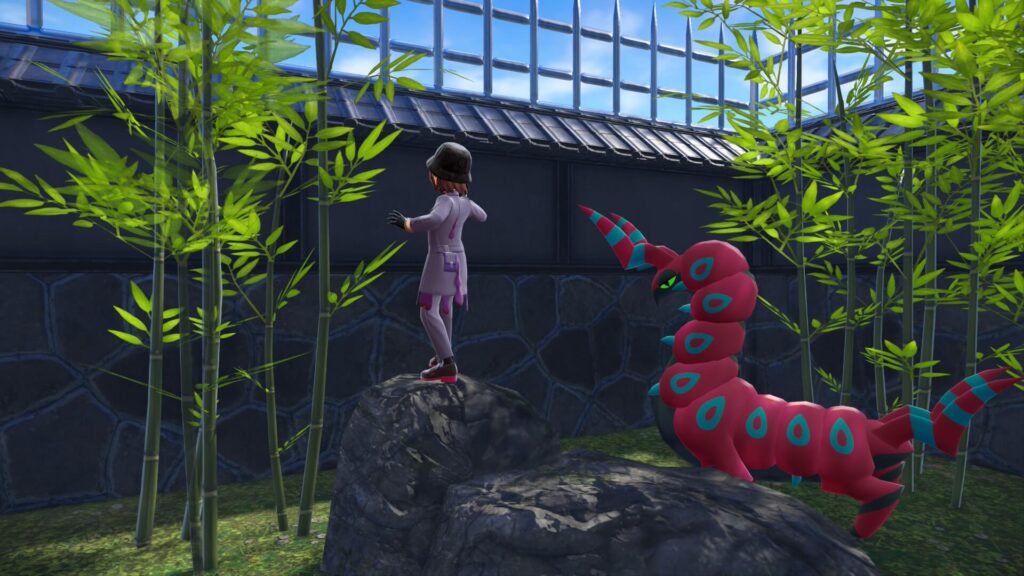 ポケモンレジェンズZAにあるサビ組事務所の壁と柵の高さに驚く主人公と色違いペンドラー