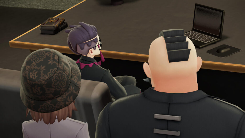 ポケモンレジェンズZAにあるサビ組事務所にいるカラスバとジプソの後ろ姿