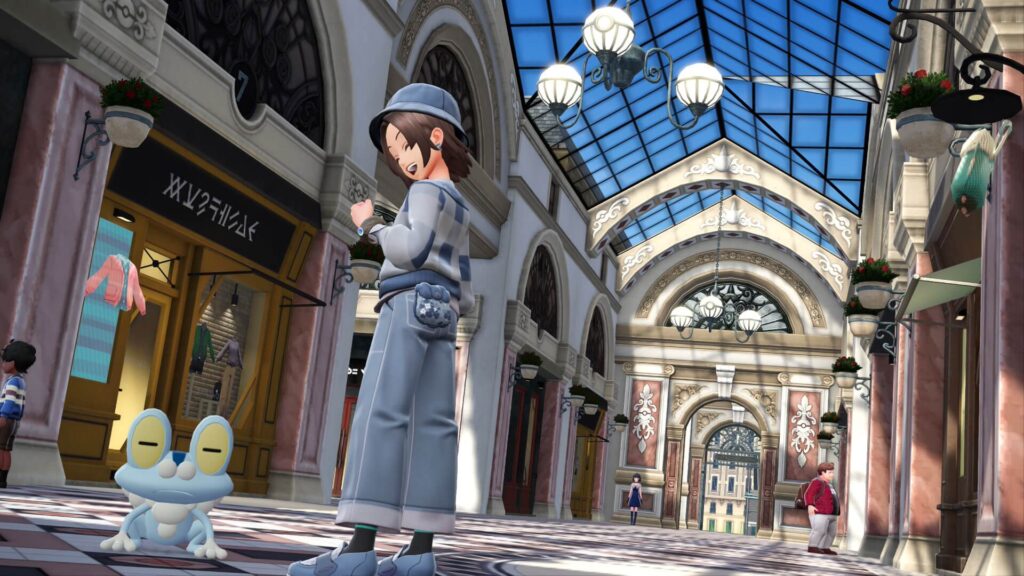 ポケモンレジェンズZAにある『パサージュ・デュ・ボヌール』にいる主人公と色違いケロマツ