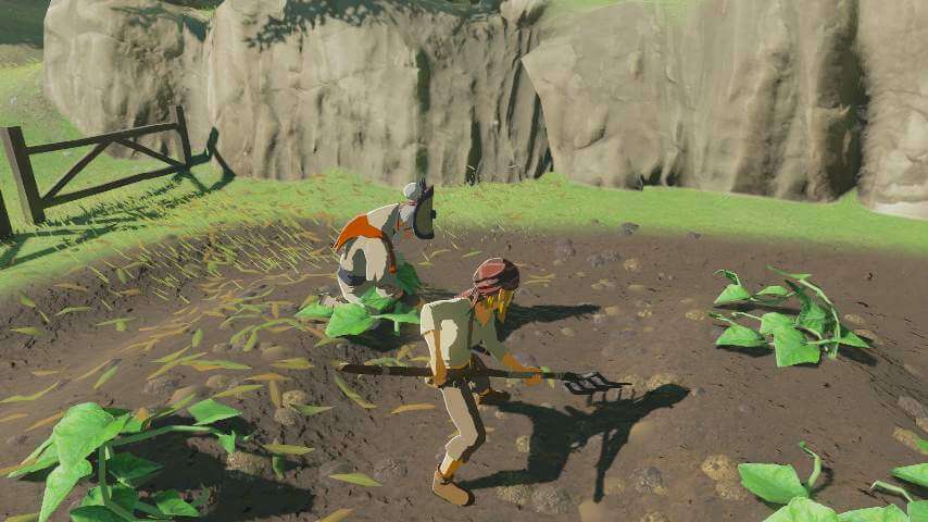 ゼルダの伝説ブレスオブザワイルドにあるカカリコ村で、ヨロイカボチャを育てるナーキンと手伝うリンク