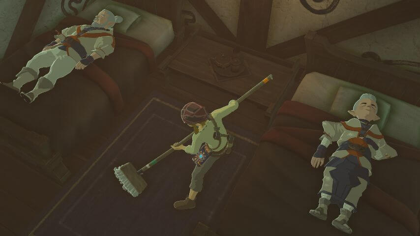 ゼルダの伝説ブレスオブザワイルドにあるカカリコ村のナーキンとメロが寝ている様子