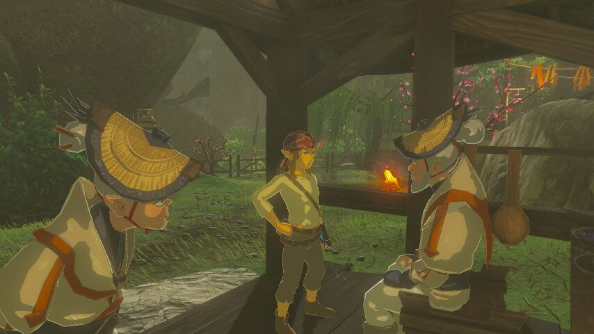 ゼルダの伝説ブレスオブザワイルドにあるカカリコ村の東屋で夕食をとるナーキンとメロ