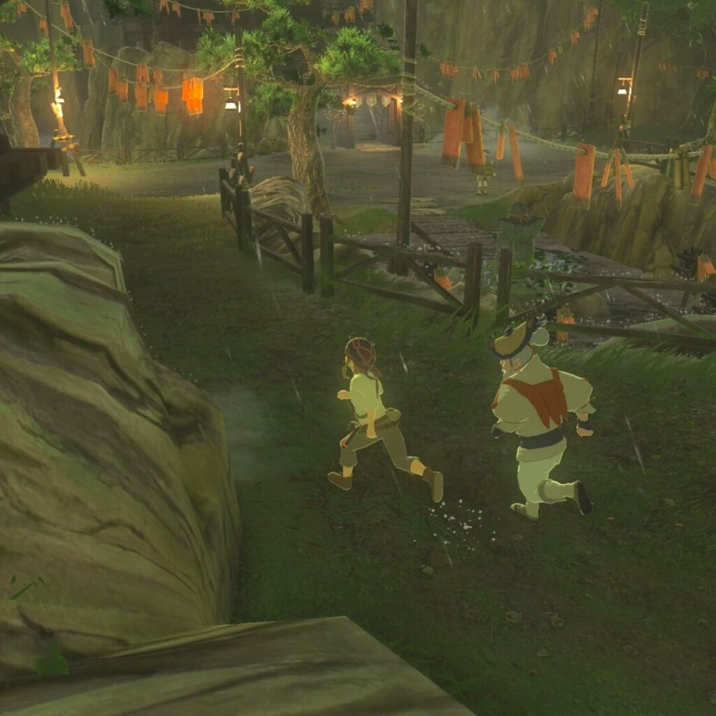ゼルダの伝説ブレスオブザワイルドにあるカカリコ村で走り込みをするナーキンとリンク
