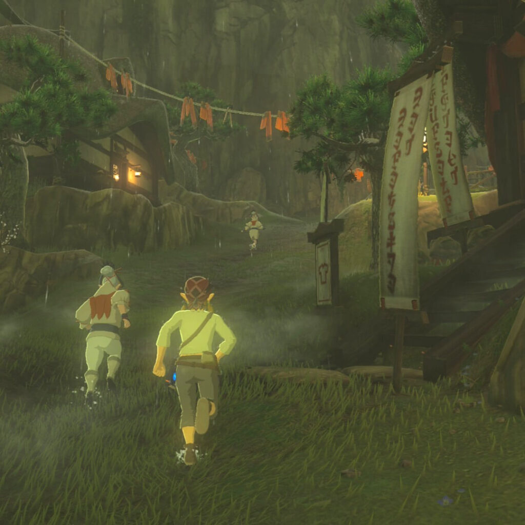 ゼルダの伝説ブレスオブザワイルドにあるカカリコ村で走り込みをするナーキンとリンク