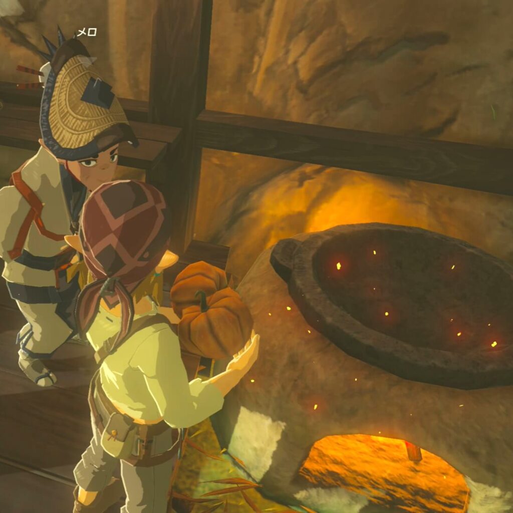 ゼルダの伝説ブレスオブザワイルドにあるカカリコ村の東屋で夕食をふるまうリンク