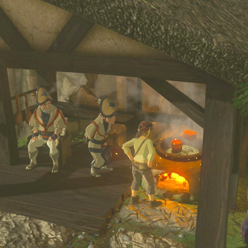 ゼルダの伝説ブレスオブザワイルドにあるカカリコ村の東屋で夕食をふるまうリンク