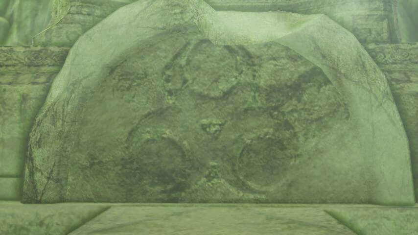 ゼルダの伝説ブレスオブザワイルドにある知恵の泉の女神像の足元には水の精霊石の紋様がある