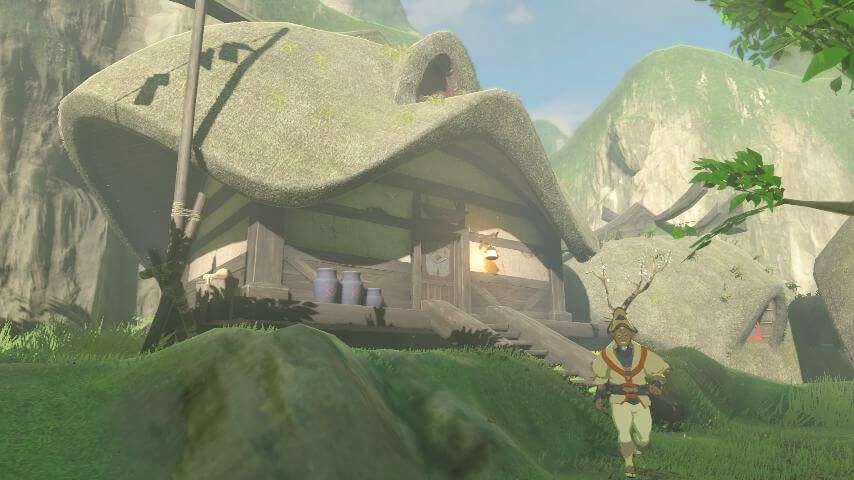 ゼルダの伝説ブレスオブザワイルドにあるカカリコ村で朝に外出するゴスティンの様子