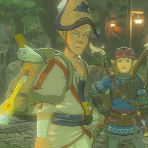 ゼルダの伝説ブレスオブザワイルドにあるカカリコ村にいるカンギスと写真を撮るリンク