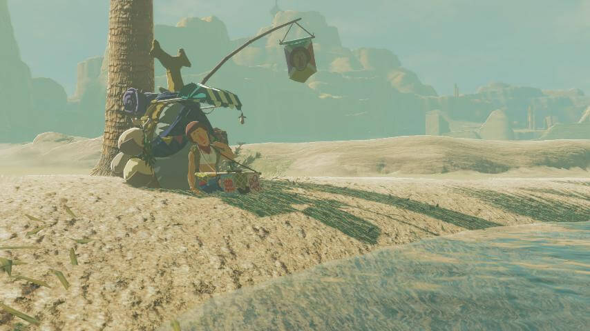 ゼルダの伝説ブレスオブザワイルドにあるゲルド砂漠のカラカラバザール。オアシスで涼むテリー